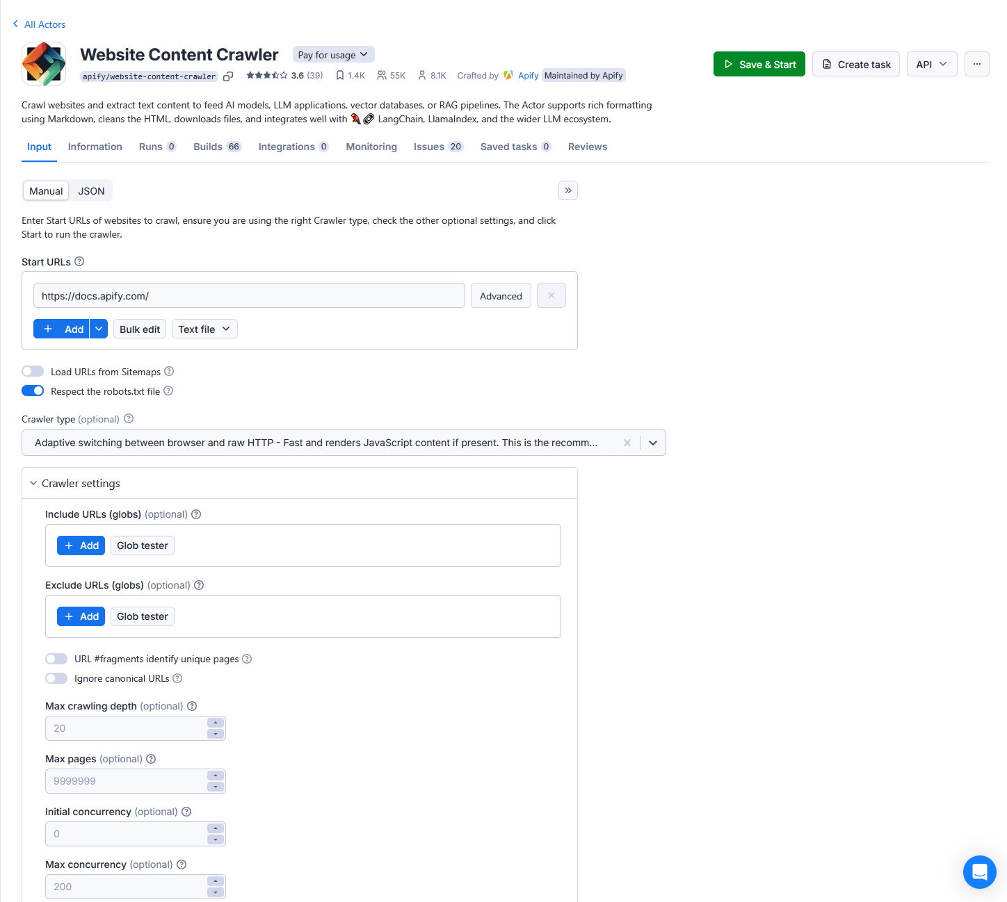 Website Content Crawler input UI