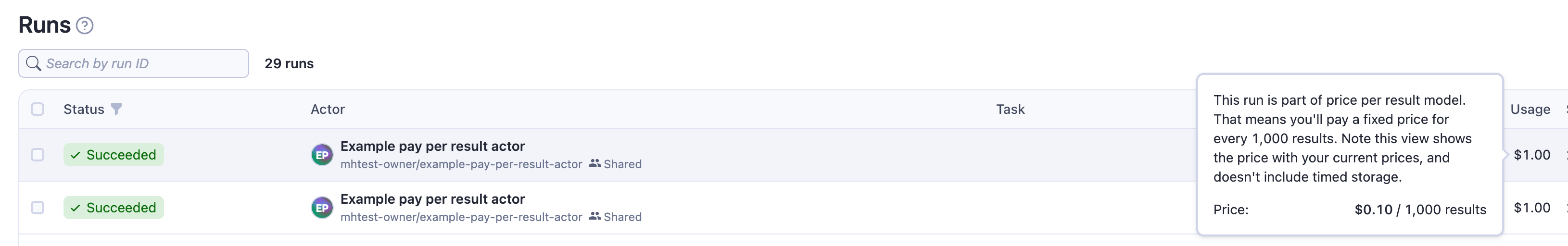 Run cost shown on the overview of all runs